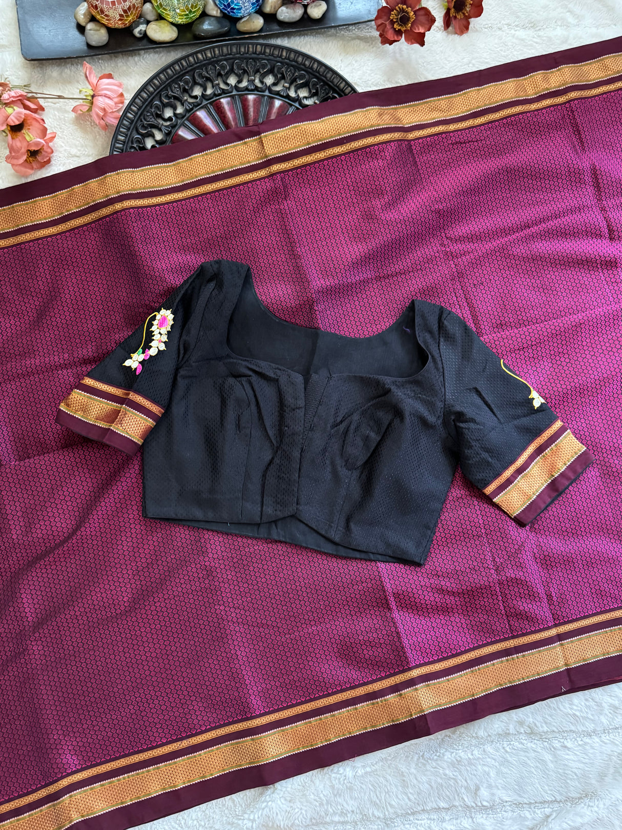 Wine Black Nath Embroidered Khun Saree Set