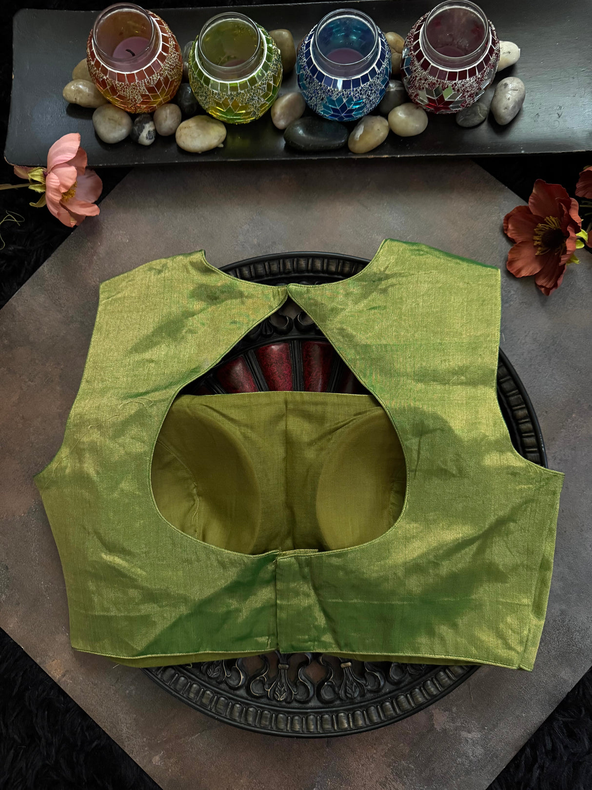 Parrot Green Tissue Closed Shoulder Sleeveless Blouse 36