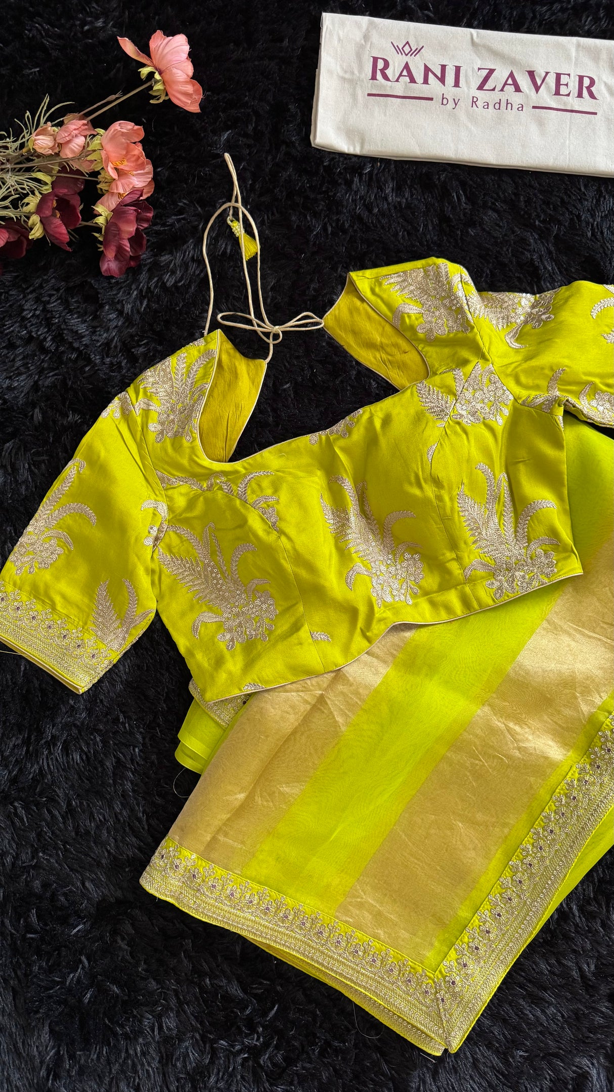 Chartreuse Tissue and Organza Silk Saree