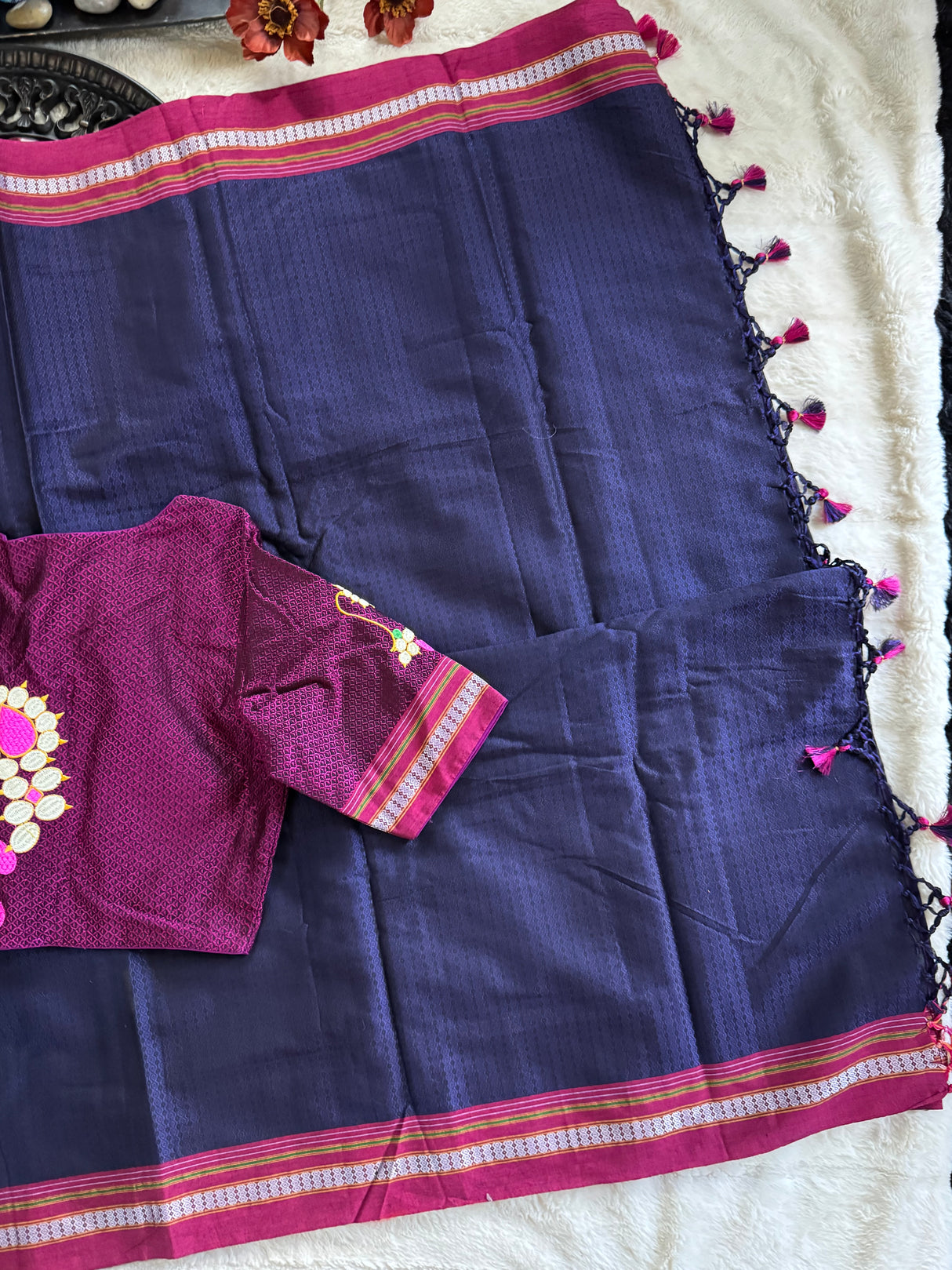 Purple Navy Wine Nath Embroidered Khun Saree Set