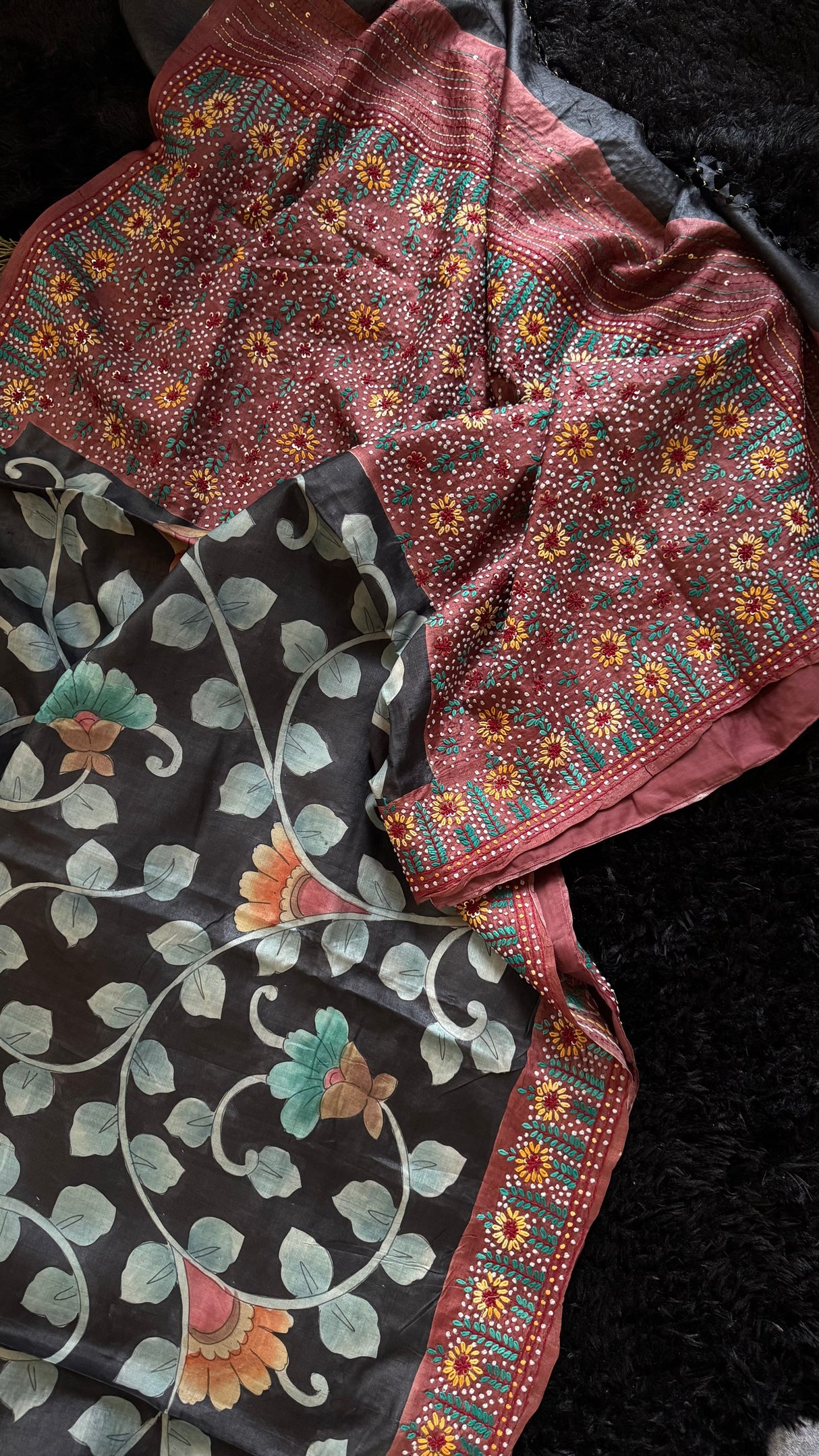 Black Tussar Silk Hand Painted