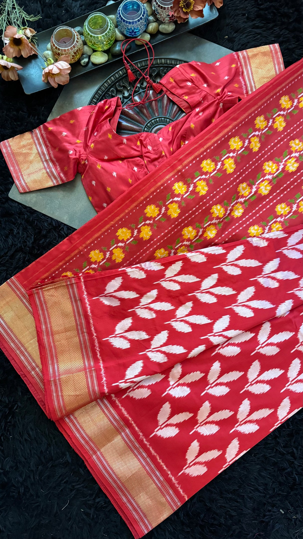 Red Leaf Ikkat Pure Silk Handloom