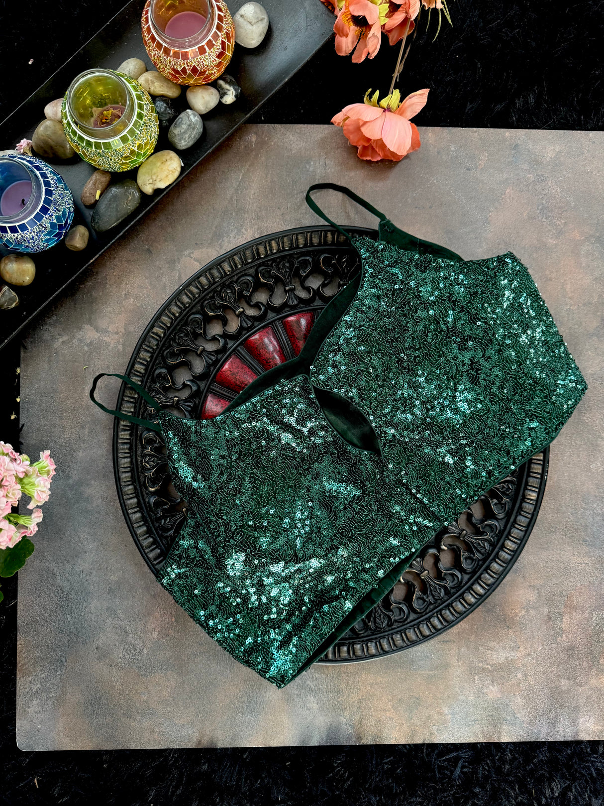 Green Sequins Spaghetti Strap Blouse 38