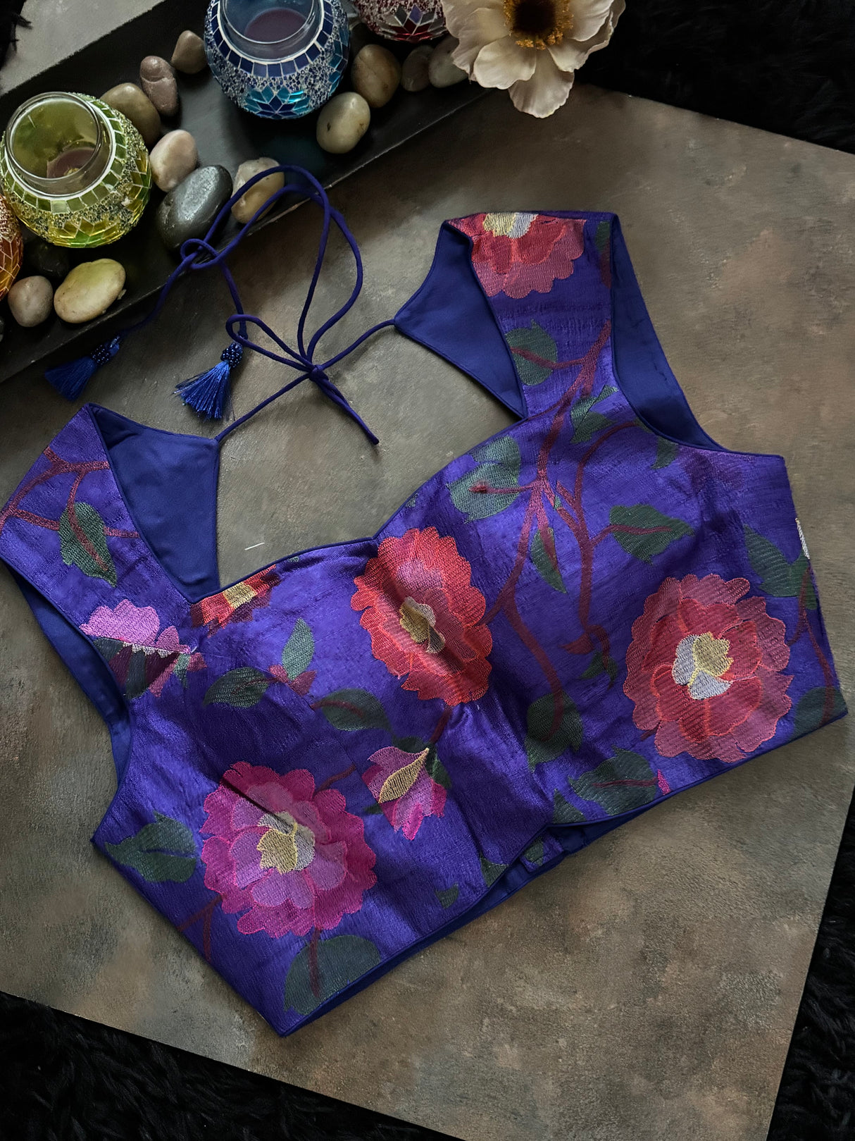 Royal Blue Closed Shoulder Floral Embroidered
