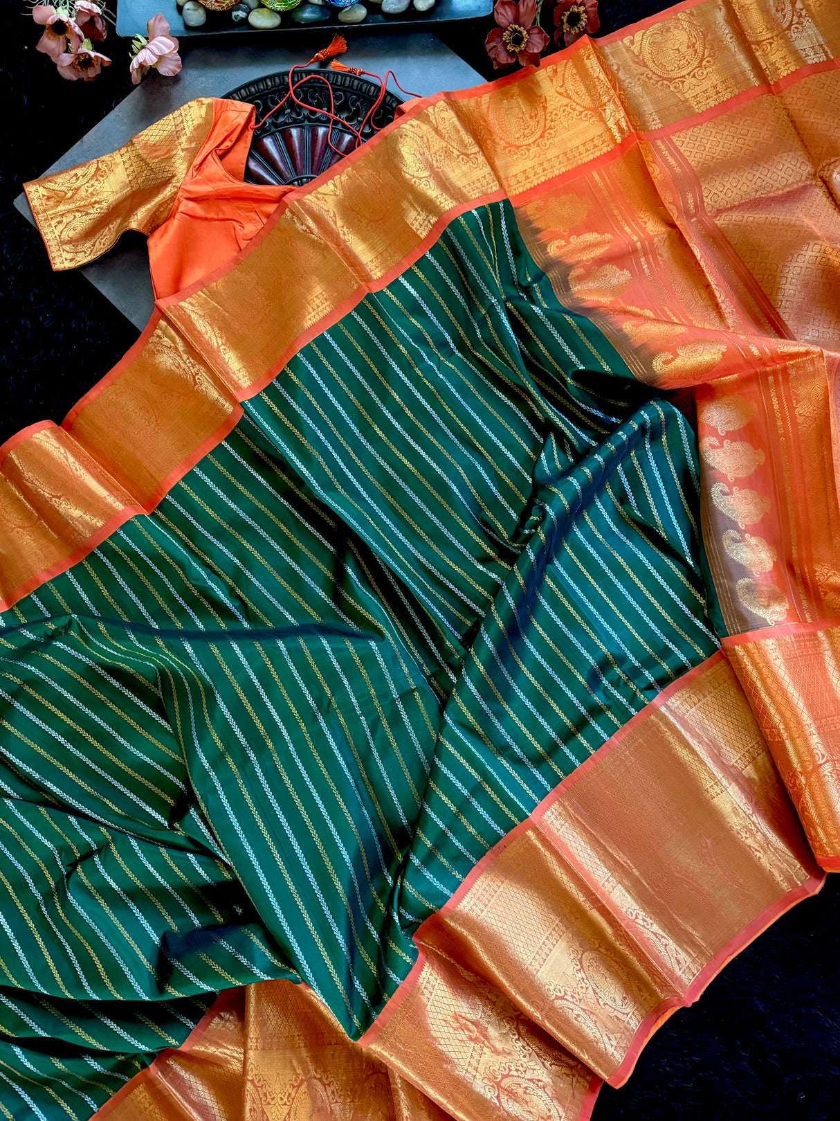 Green Stripes Orange Gadwal Handloom Pure Silk