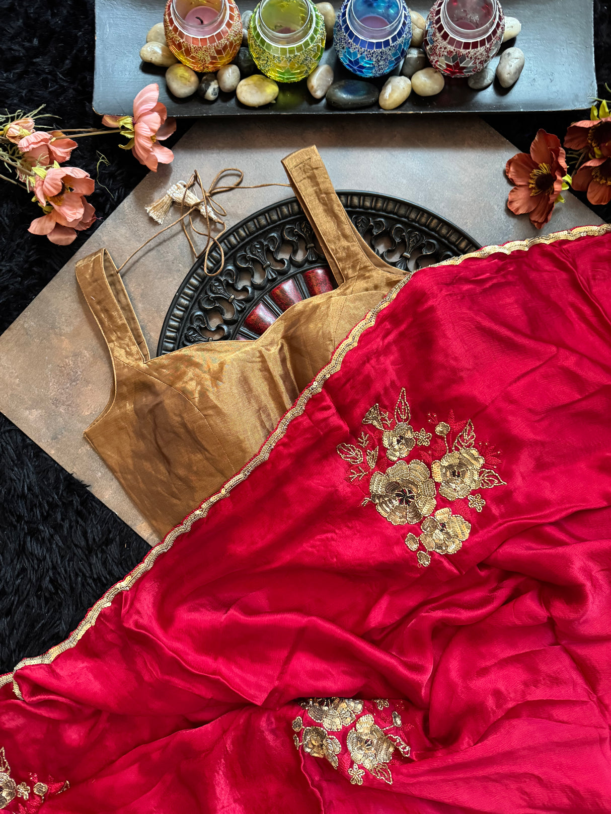 Red Chiffon Satin With Antique Gold Aari Motifs