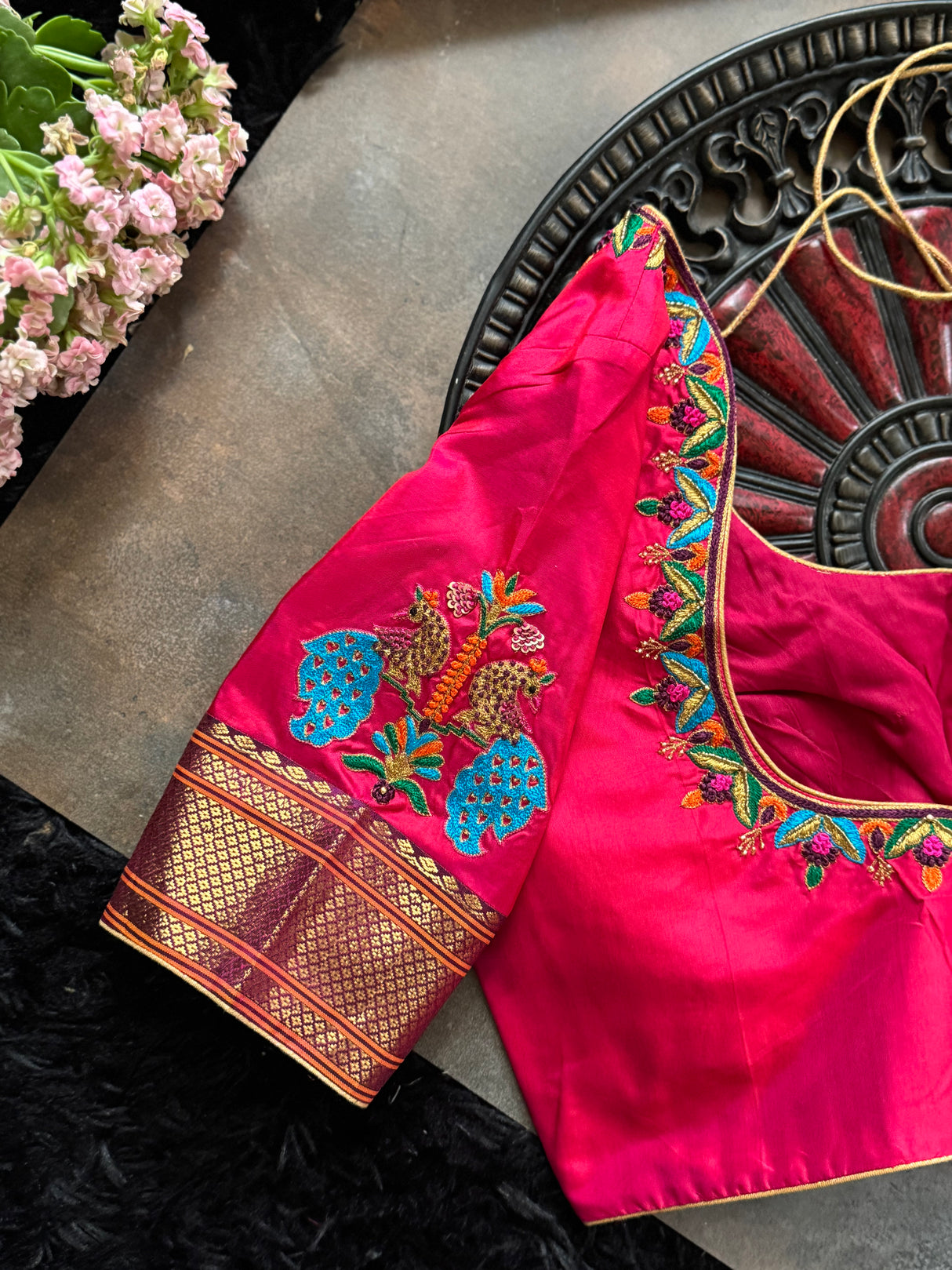 Pink Pure Silk Hand Embroidered With Narali Style Gold Zari Border 38