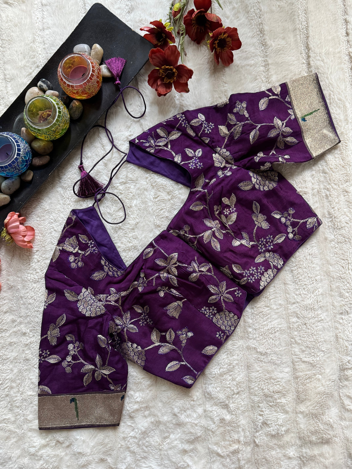 Purple embroidered Silk Blouse 40
