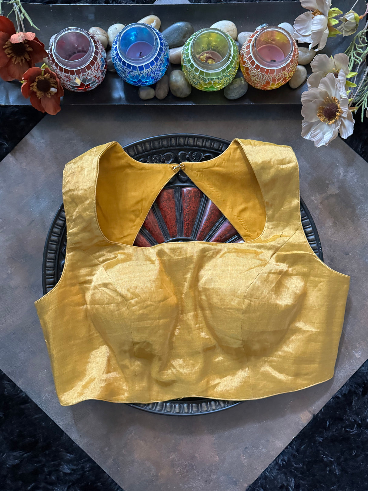 Yellow Gold Tissue Closed Shoulder Sleeveless Blouse 38