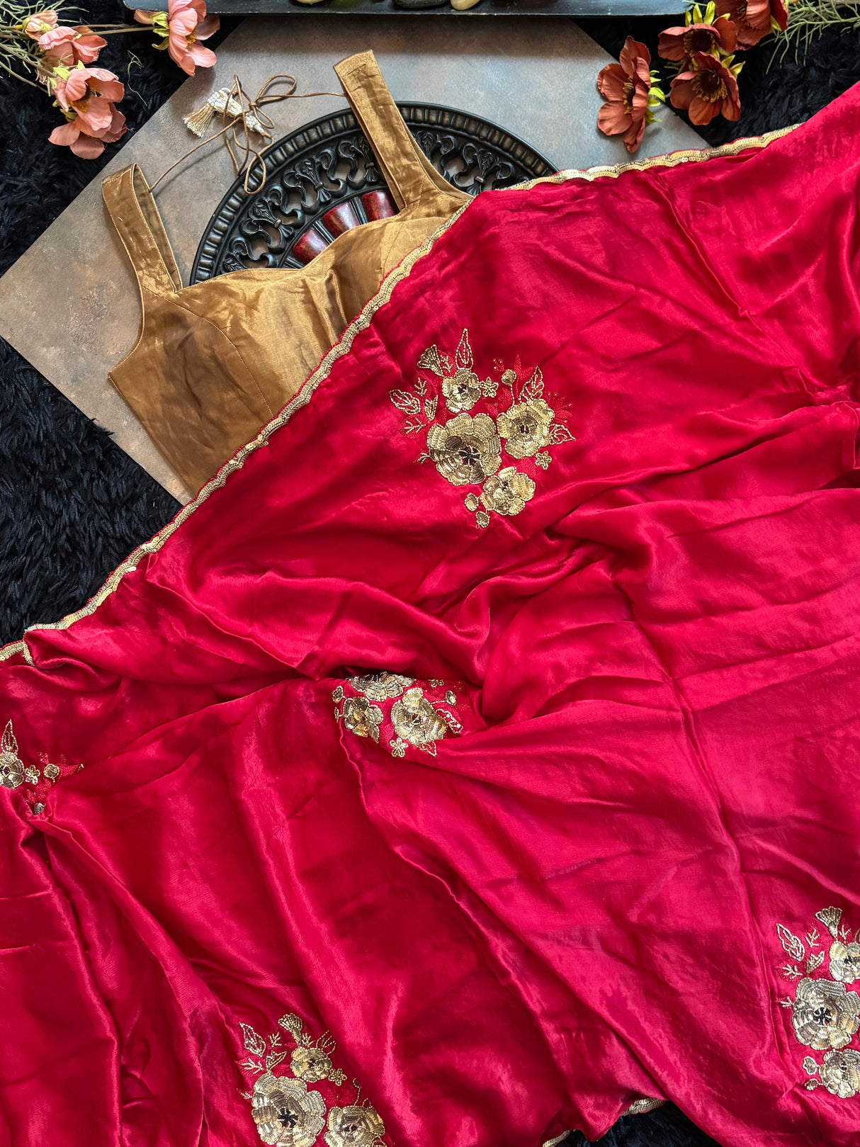 Red Chiffon Satin With Antique Gold Aari Motifs