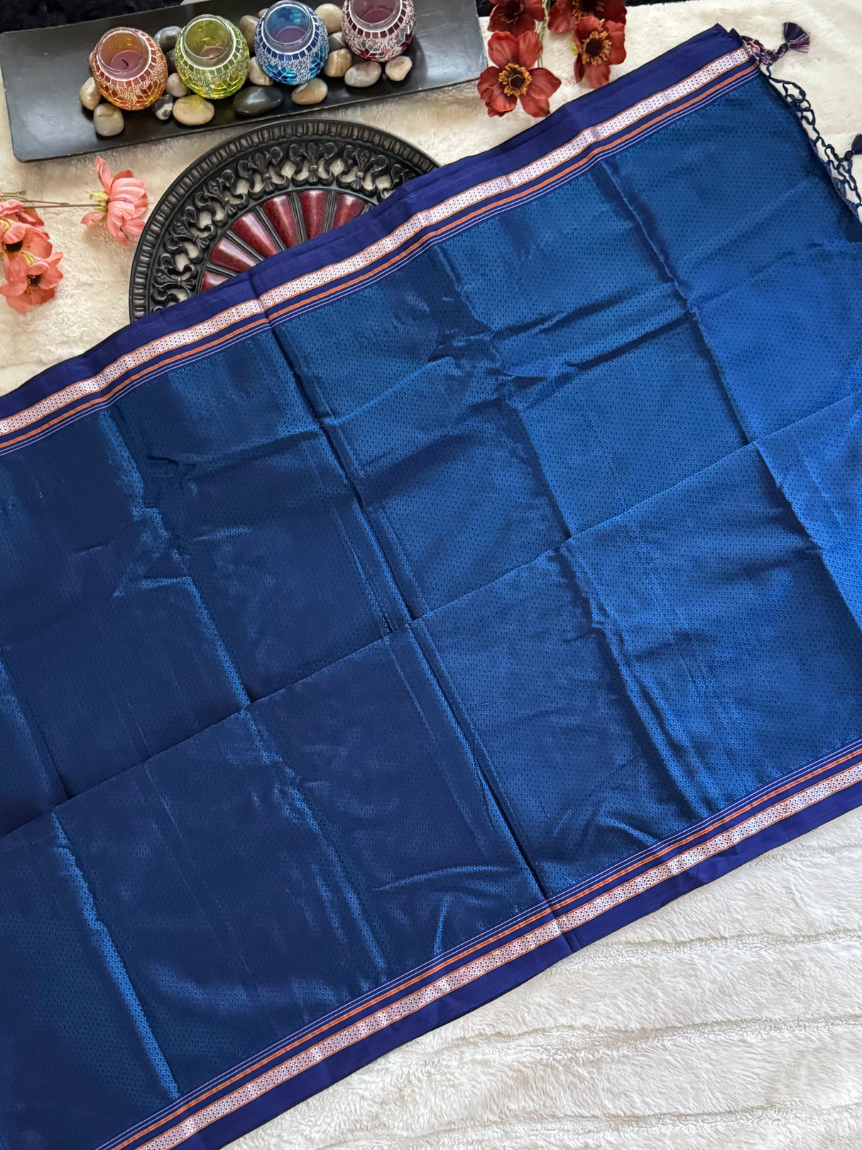 Navy Blue Maroon Nath Embroidered Khun Saree Set