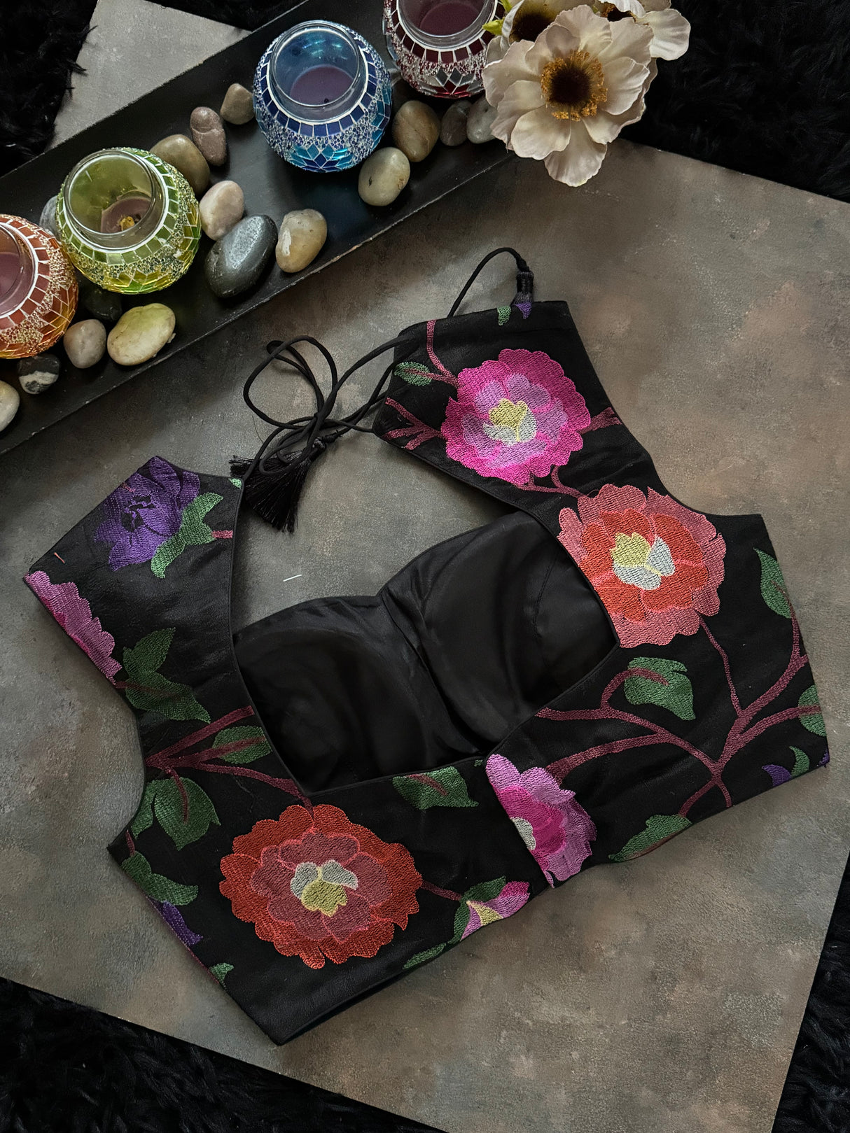 Black Closed Shoulder Floral Embroidered