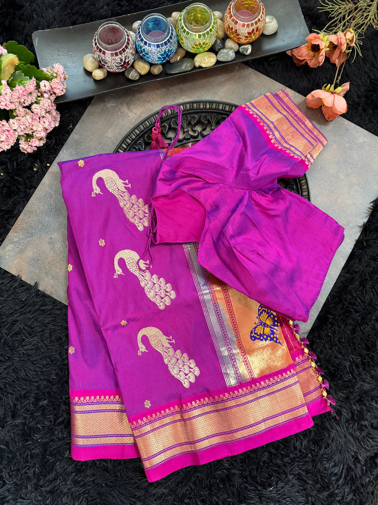 Purple Magenta Dual shade Yeola Paithani Narali Border Handloom Pure Silk