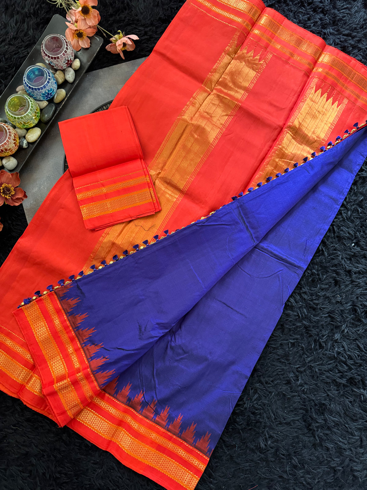 Royal Blue Chilli Red Ilkal Pure Silk