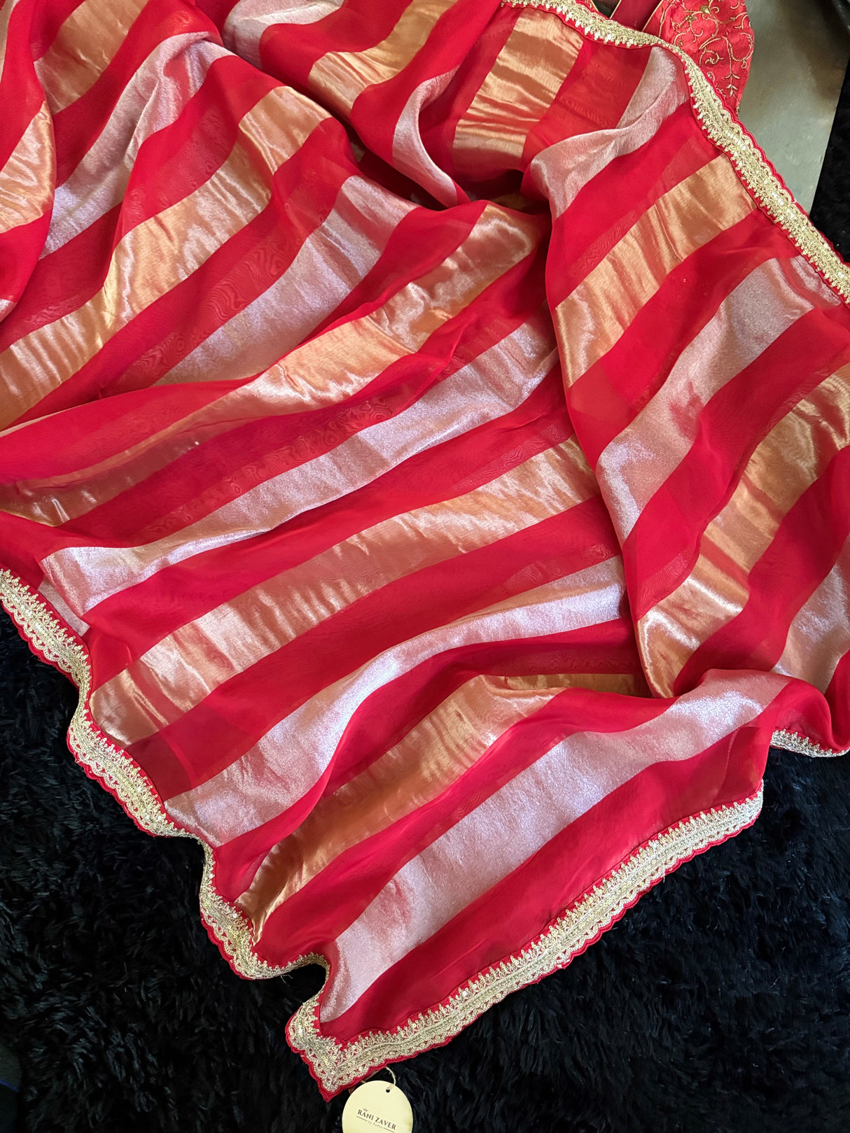 Red Organza abd Tissue Stripes With embroidered Blouse