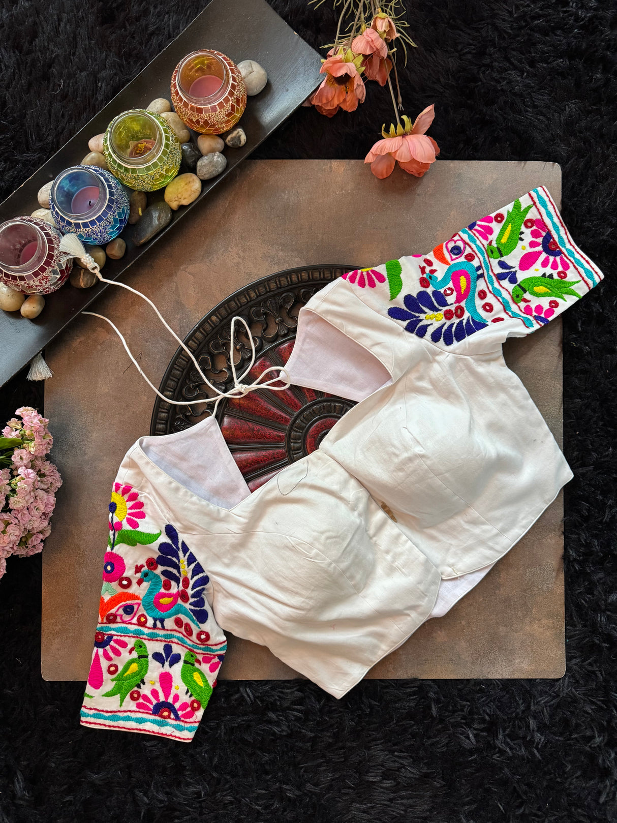 White Hand Peacock Embroidered Blouse 36