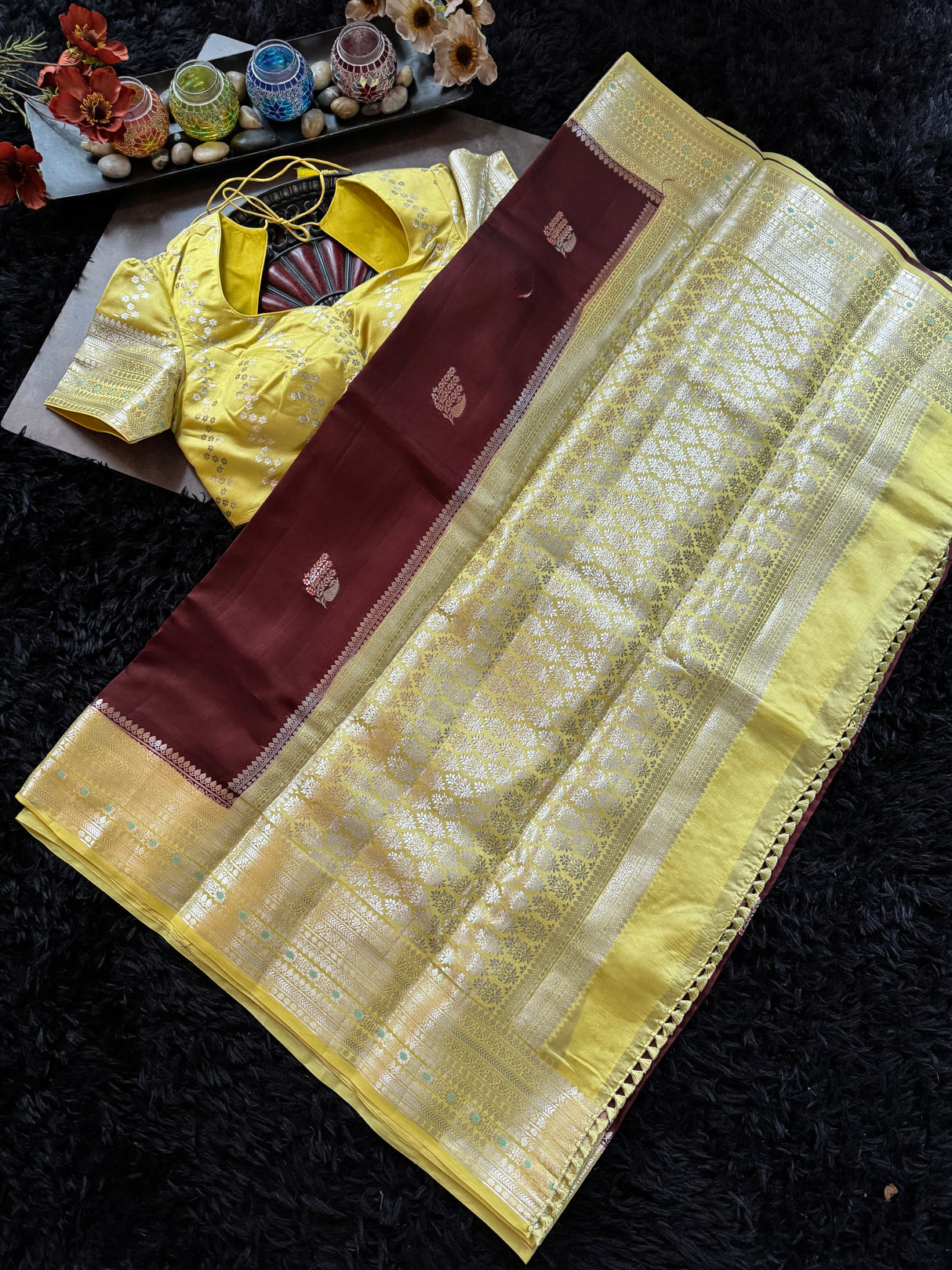 Maroon Yellow Banaras Raw Mango Silk