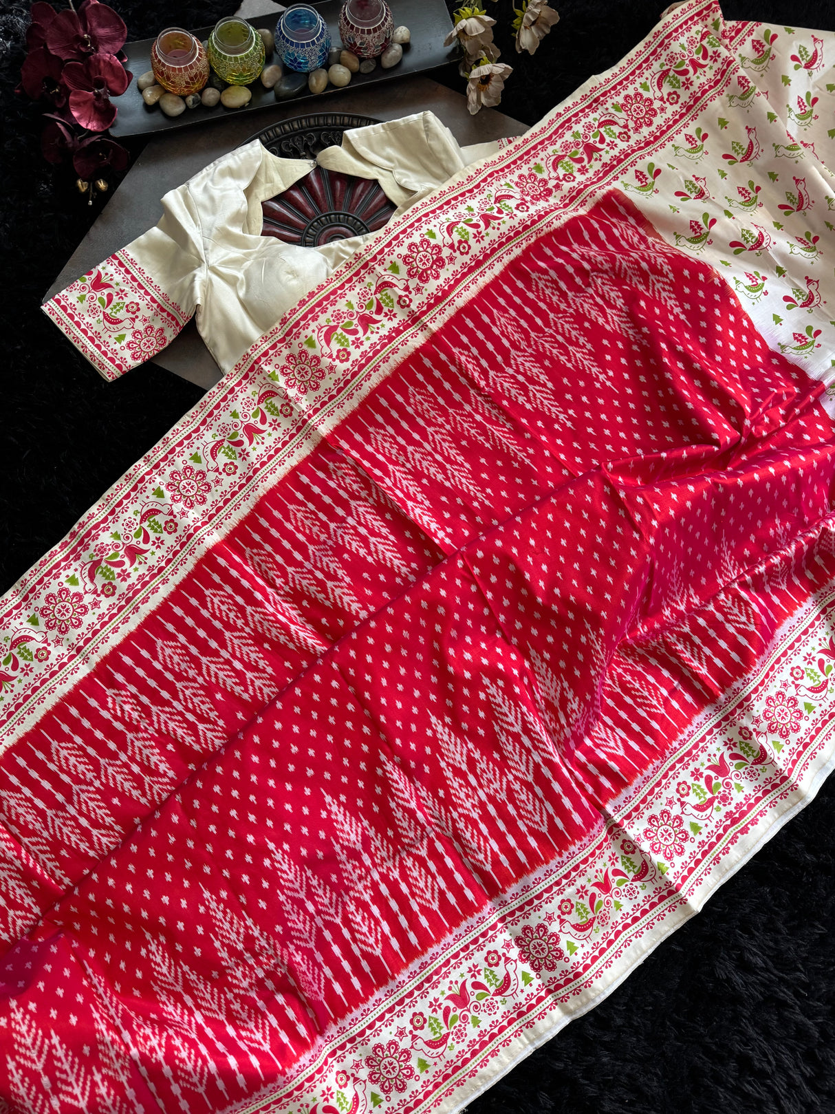 Ikkat with digital print border Pure Silk Handloom
