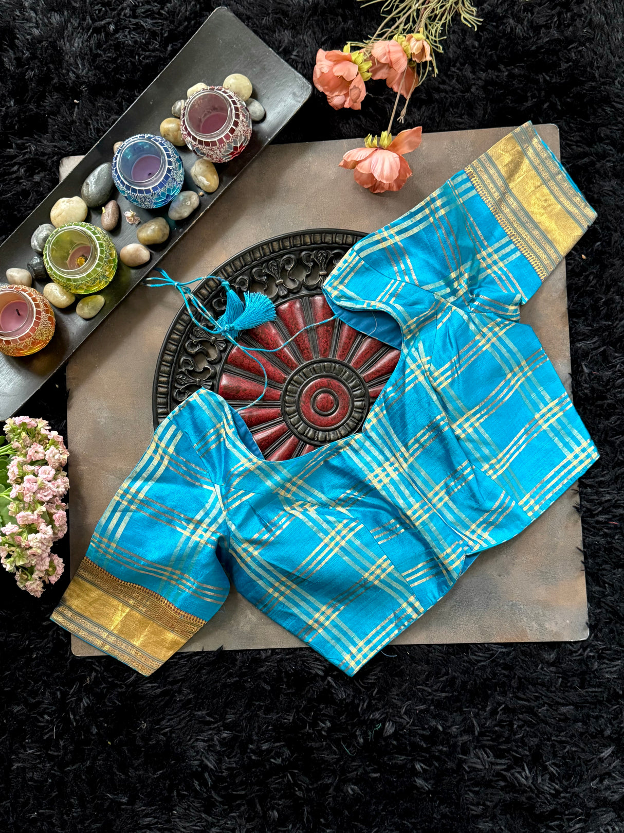 Turquoise Silk With Narali Style Gold Zari Border 38