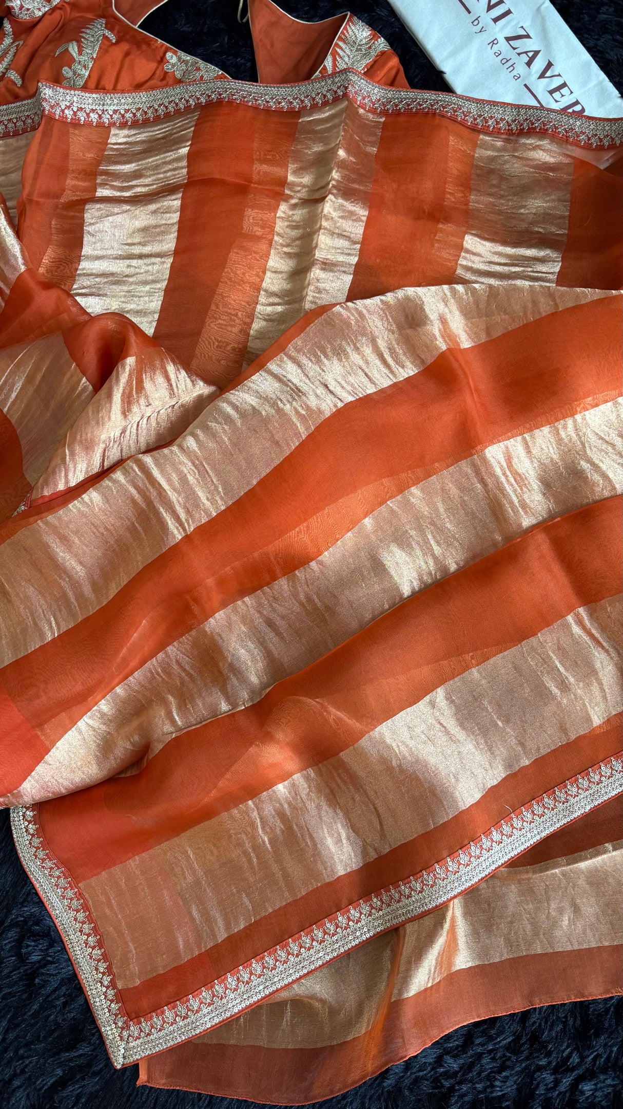 Rust Tissue and Organza Silk Saree