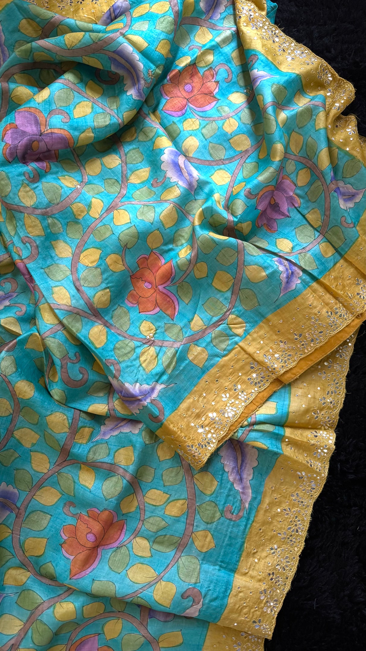 Turquoise Tussar Silk Hand Painted Kalamkari
