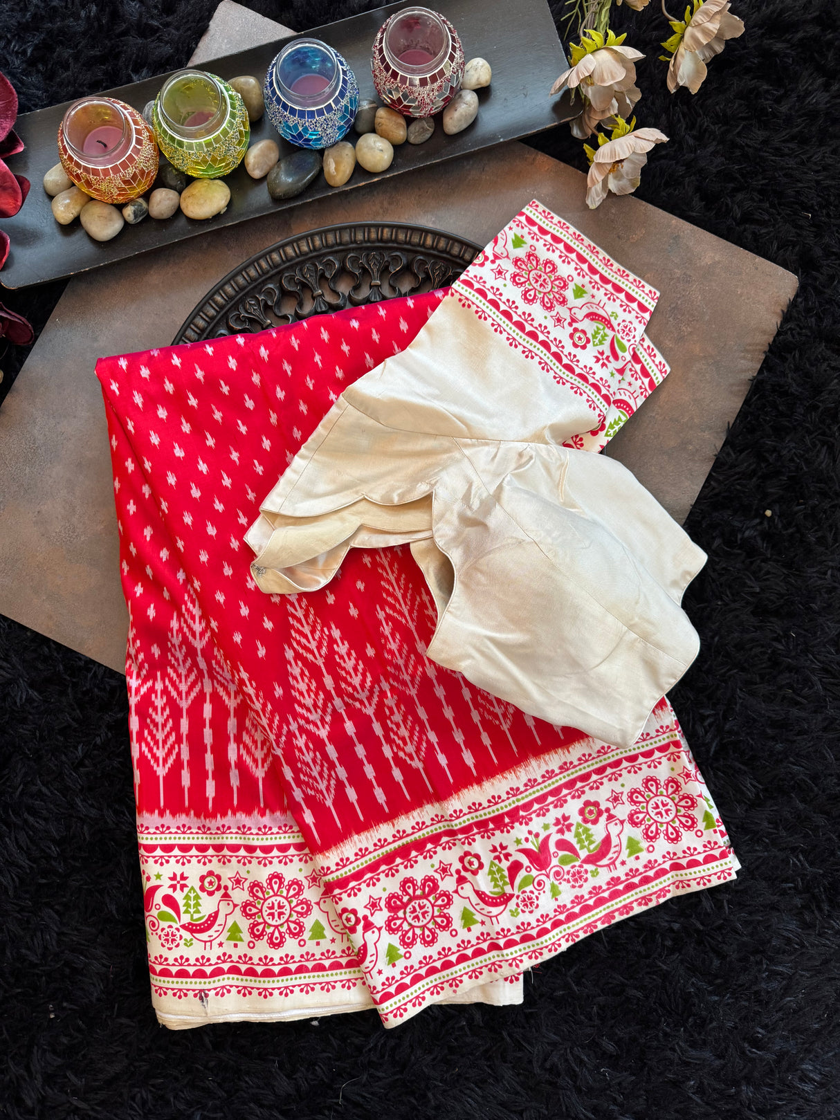 Ikkat with digital print border Pure Silk Handloom
