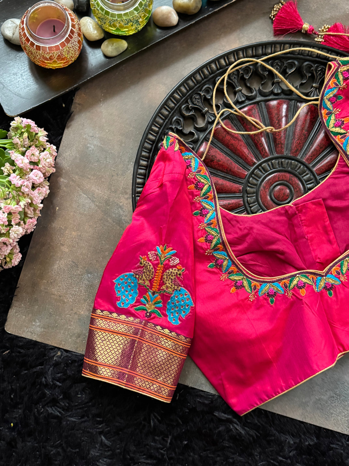 Pink Pure Silk Hand Embroidered With Narali Style Gold Zari Border 38