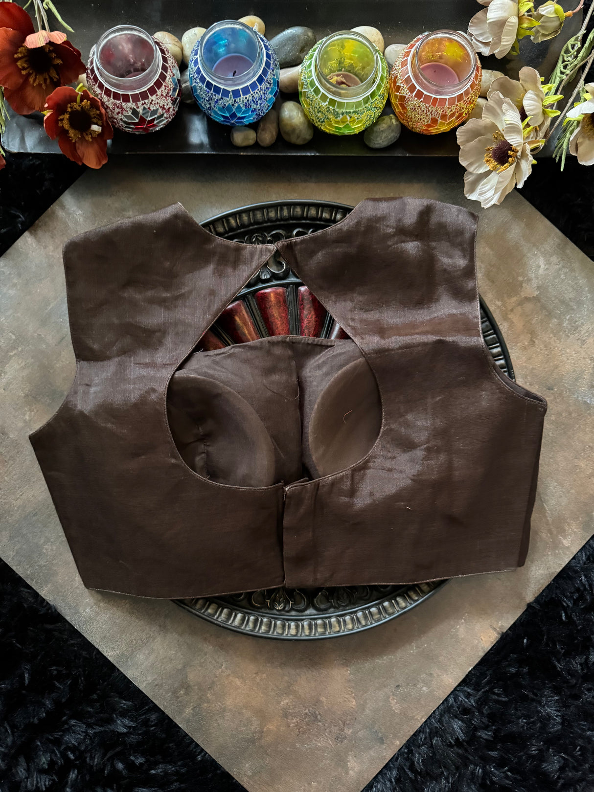 Chocolate brown Tissue Closed Shoulder Sleeveless Blouse 38