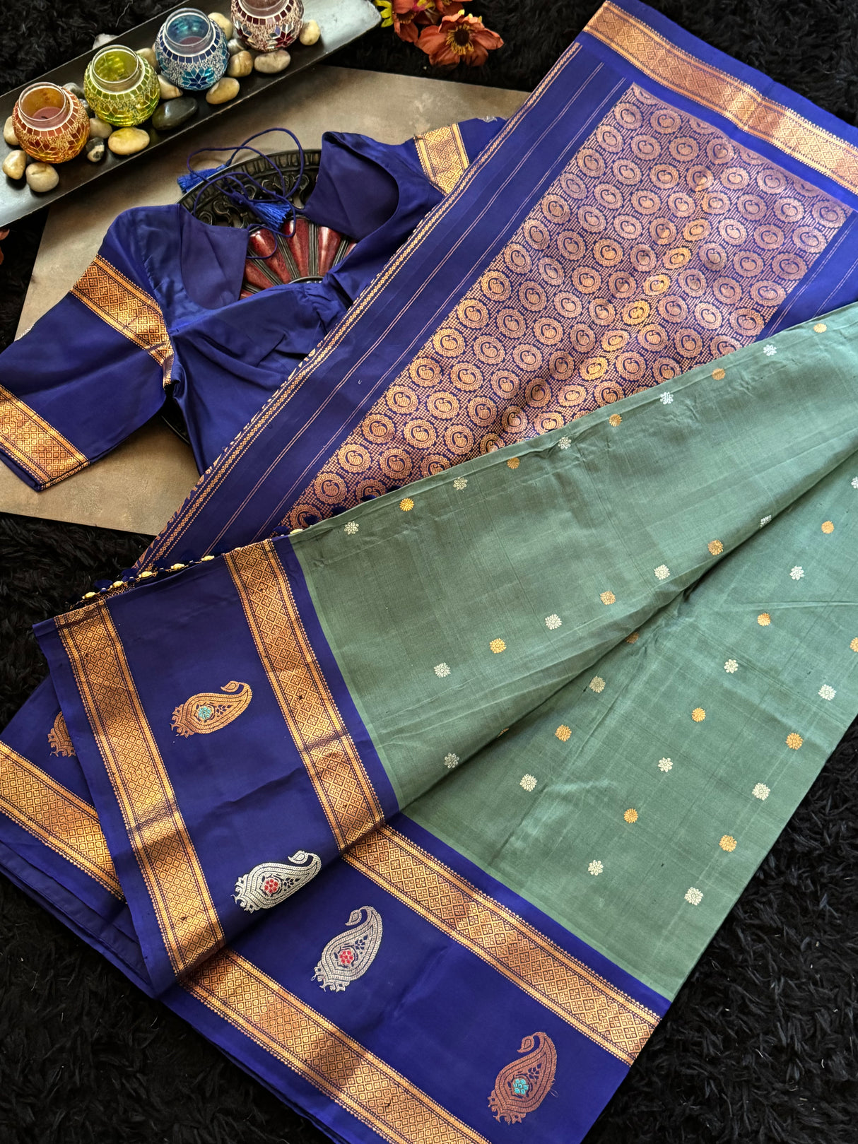 Sage Green Dark Blue Gadwal Handloom Pure Silk