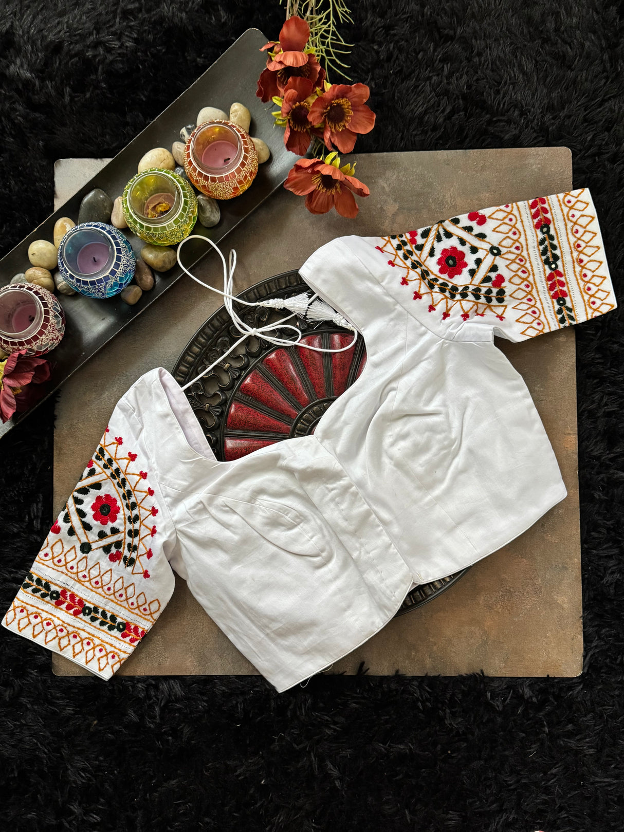 White Hand Embroidered Blouse 36 Red Green