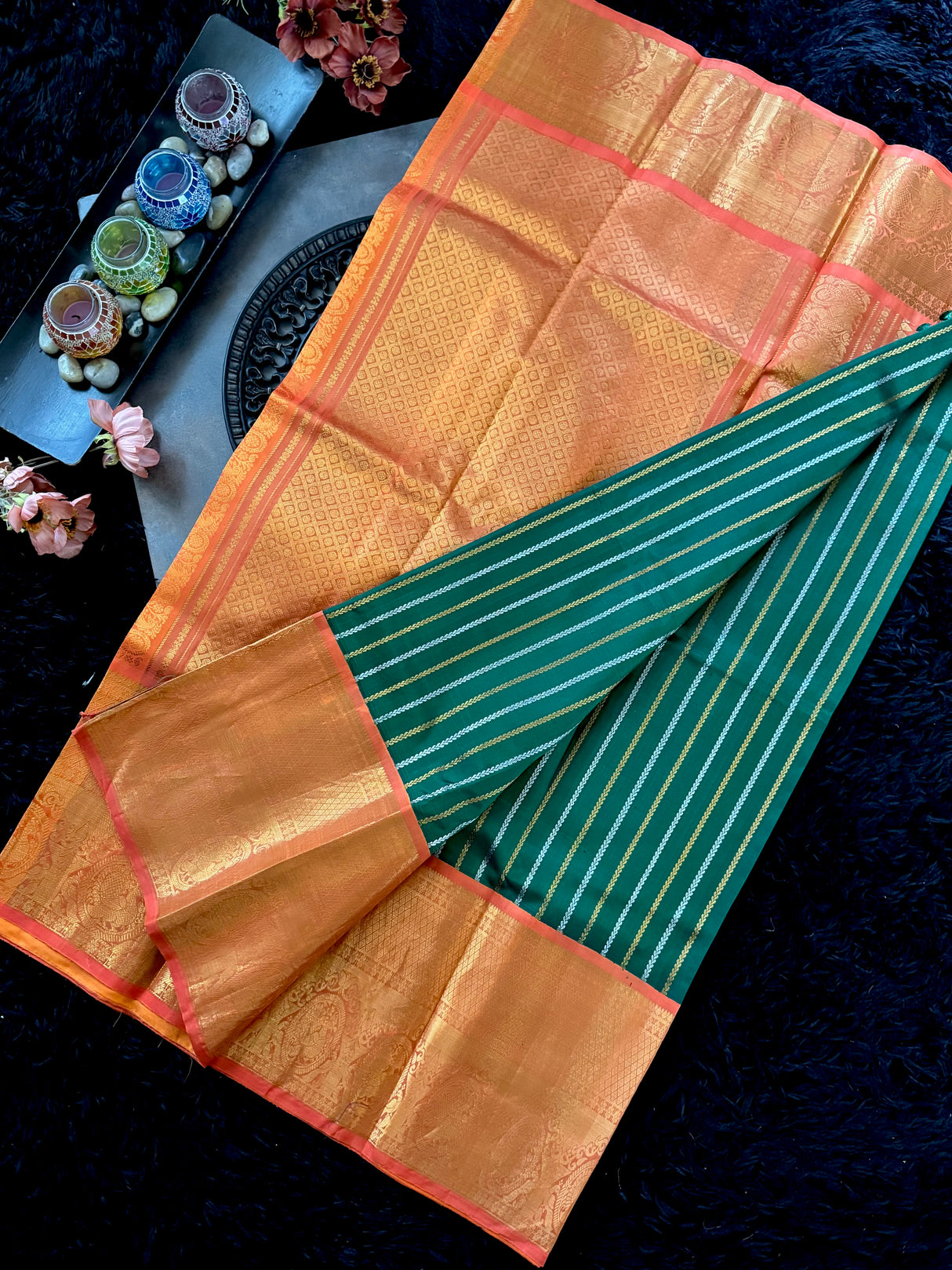 Green Stripes Orange Gadwal Handloom Pure Silk