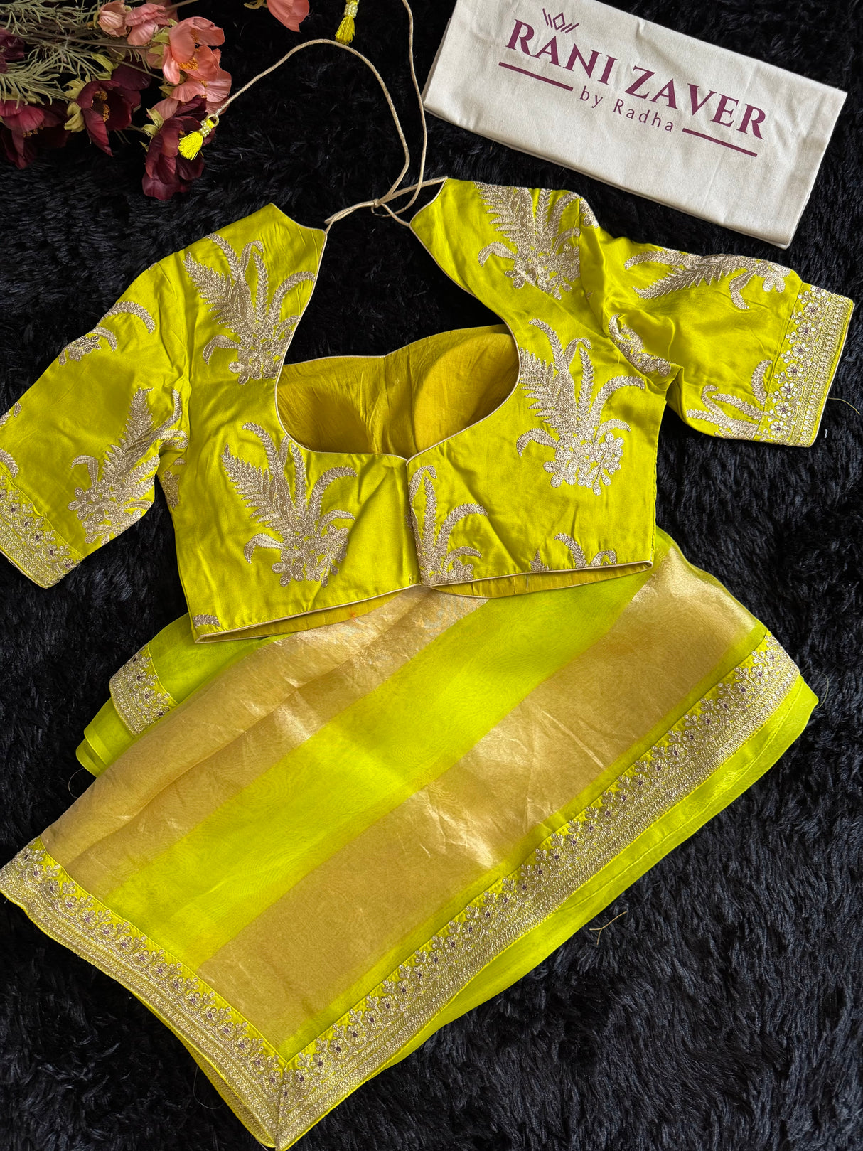 Chartreuse Tissue and Organza Silk Saree