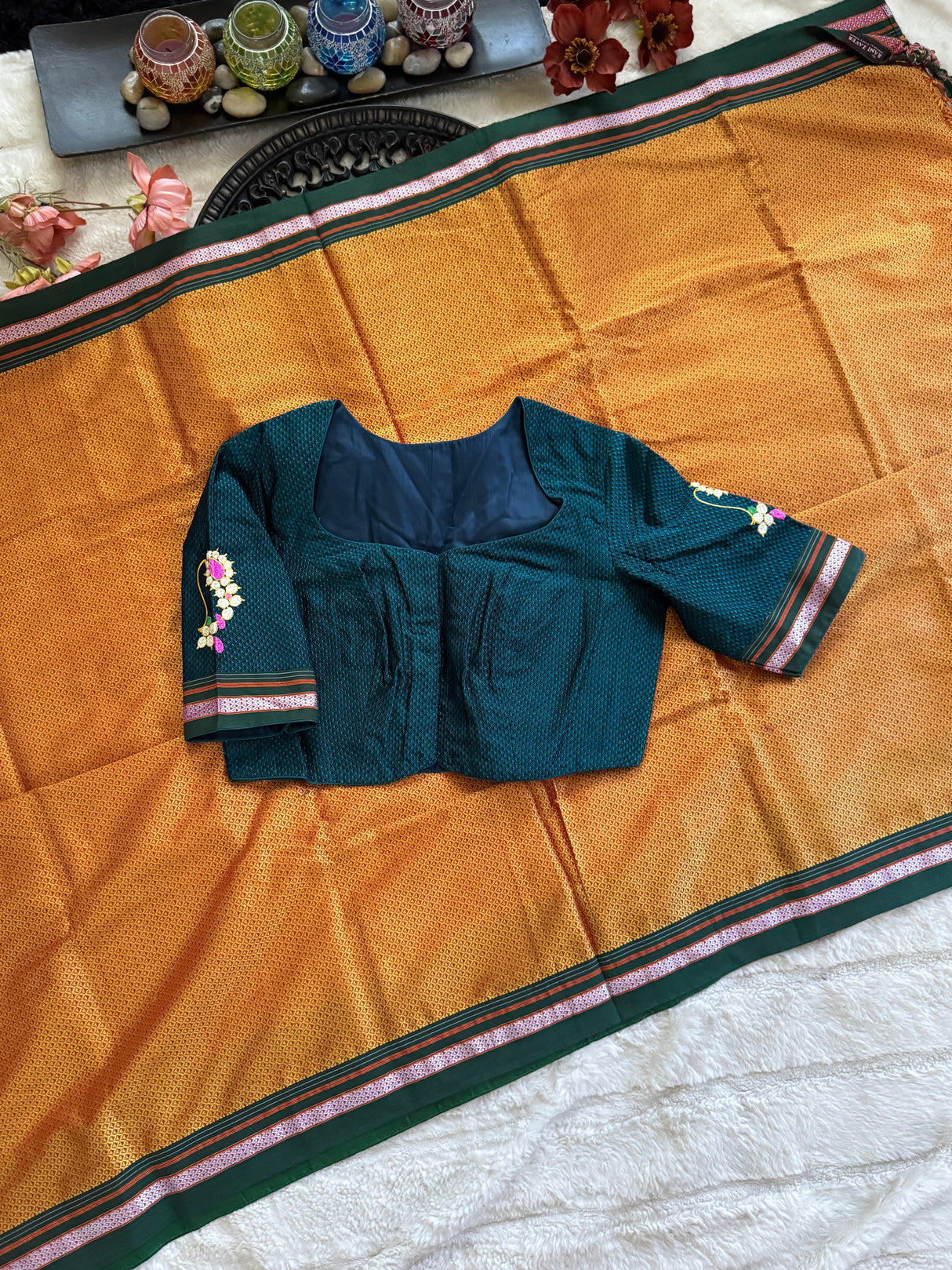 Mustard Yellow Peacock Green Nath Embroidered Khun Saree Set