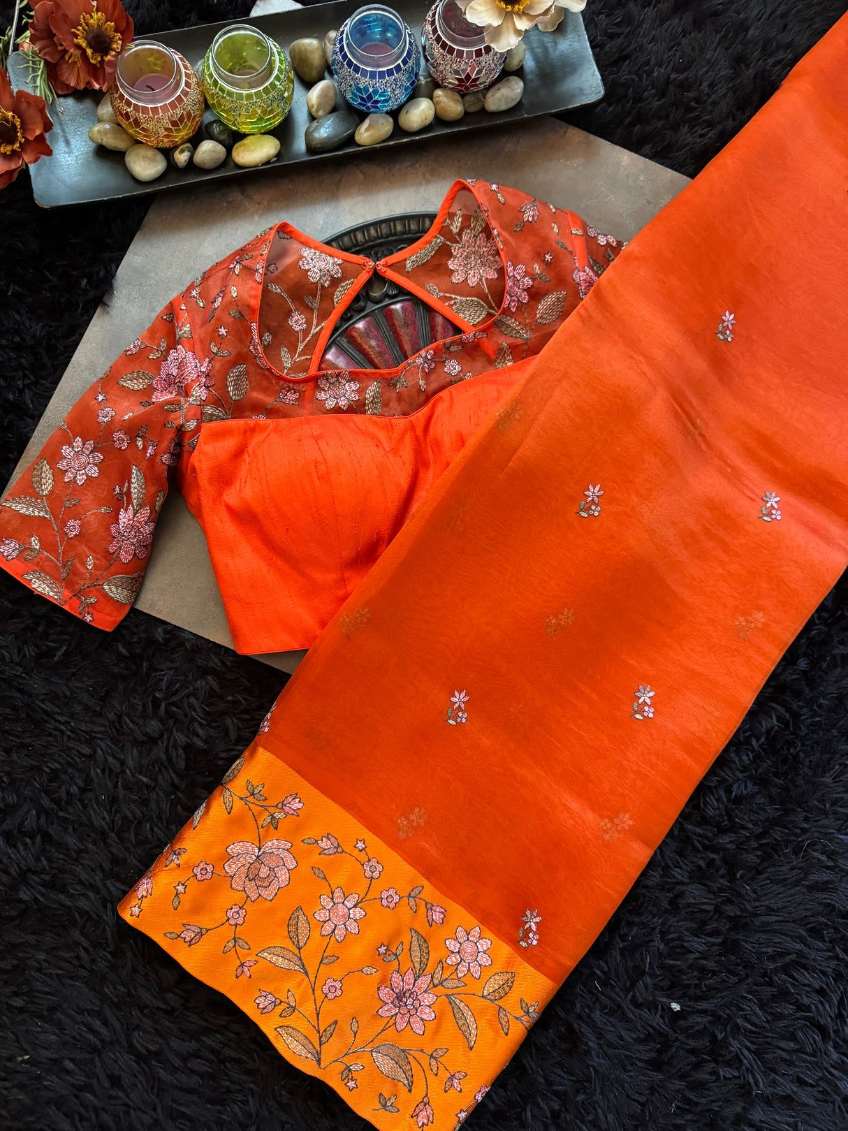 Rust Orange Organza With Embroidered border and Embroidered Blouse