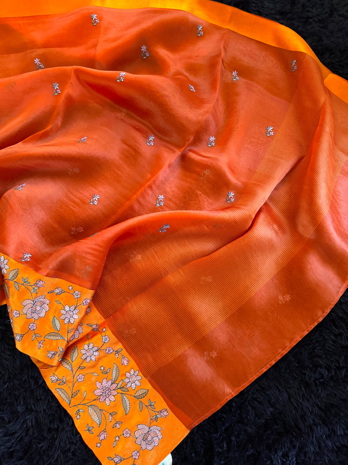 Rust Orange Organza With Embroidered border and Embroidered Blouse