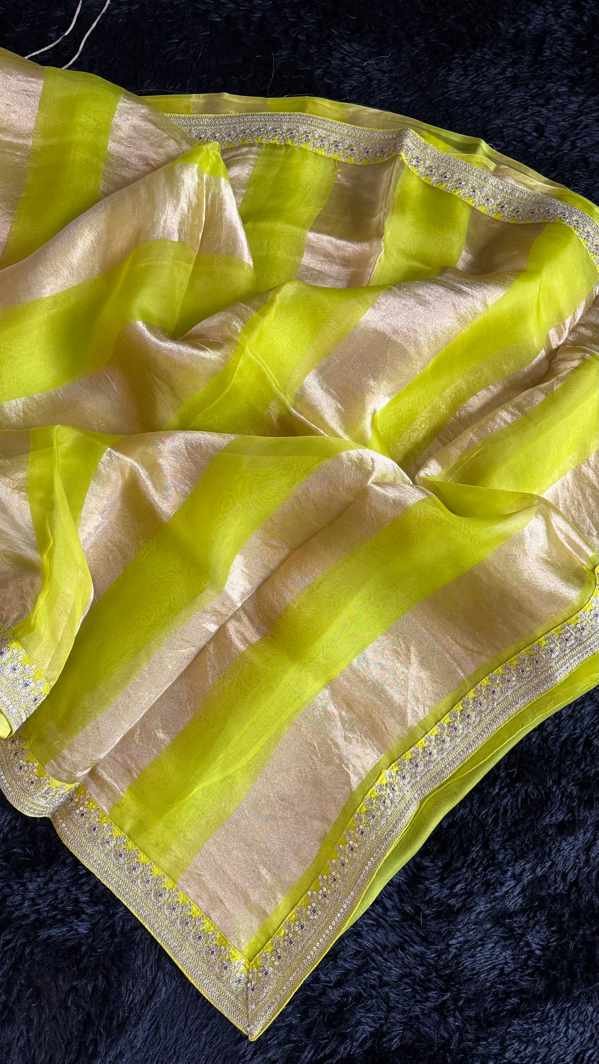 Chartreuse Tissue and Organza Silk Saree