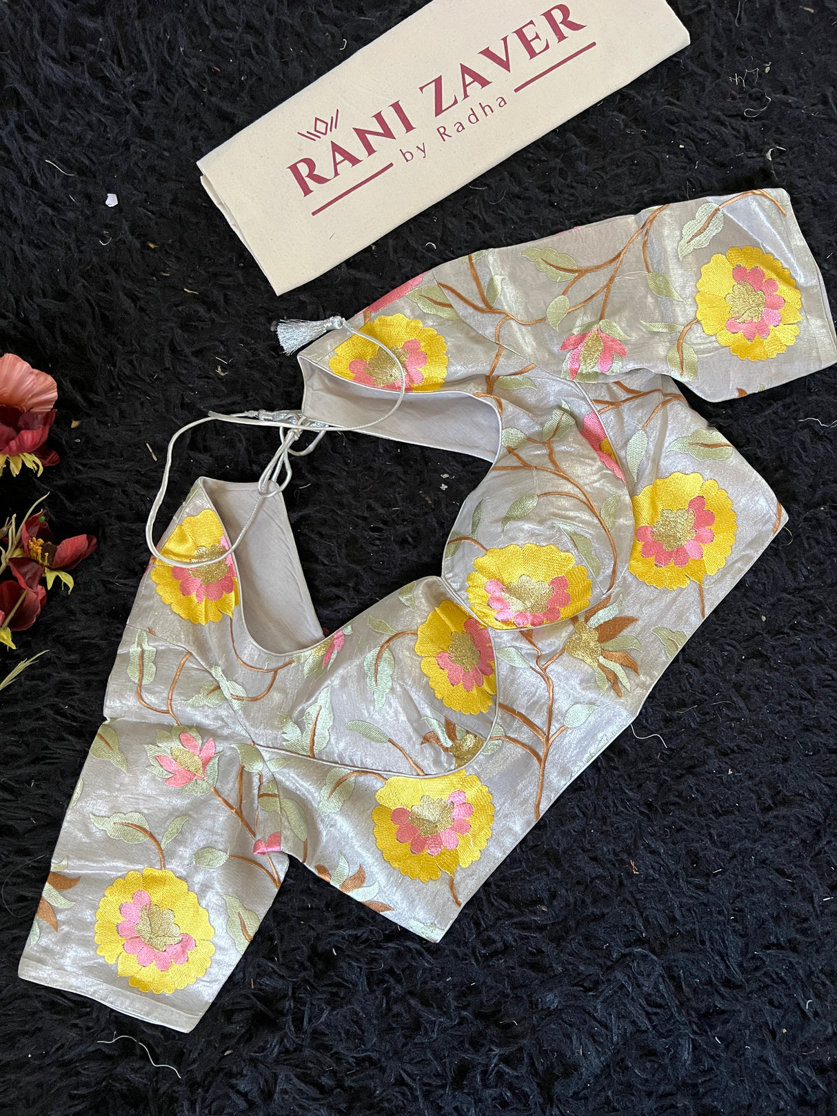 Silver Floral Border Organza