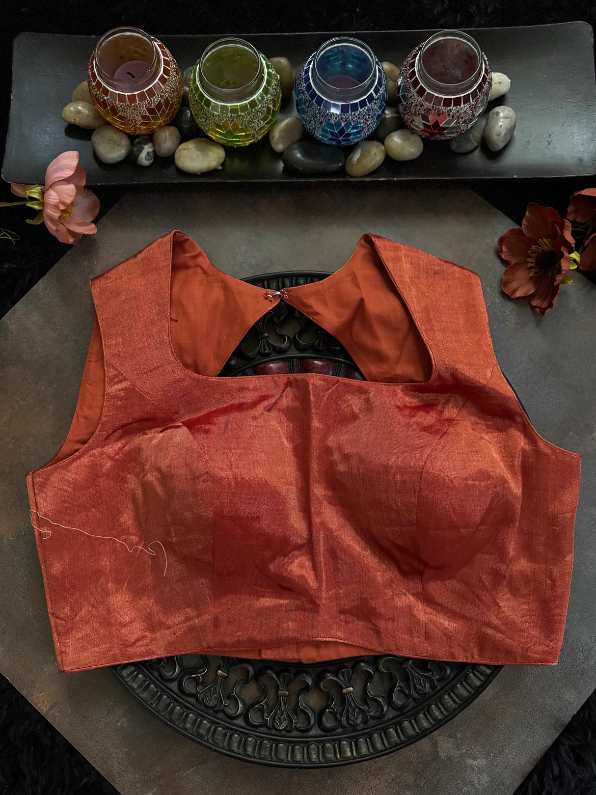 Rust Tissue Closed Shoulder Sleeveless Blouse 36