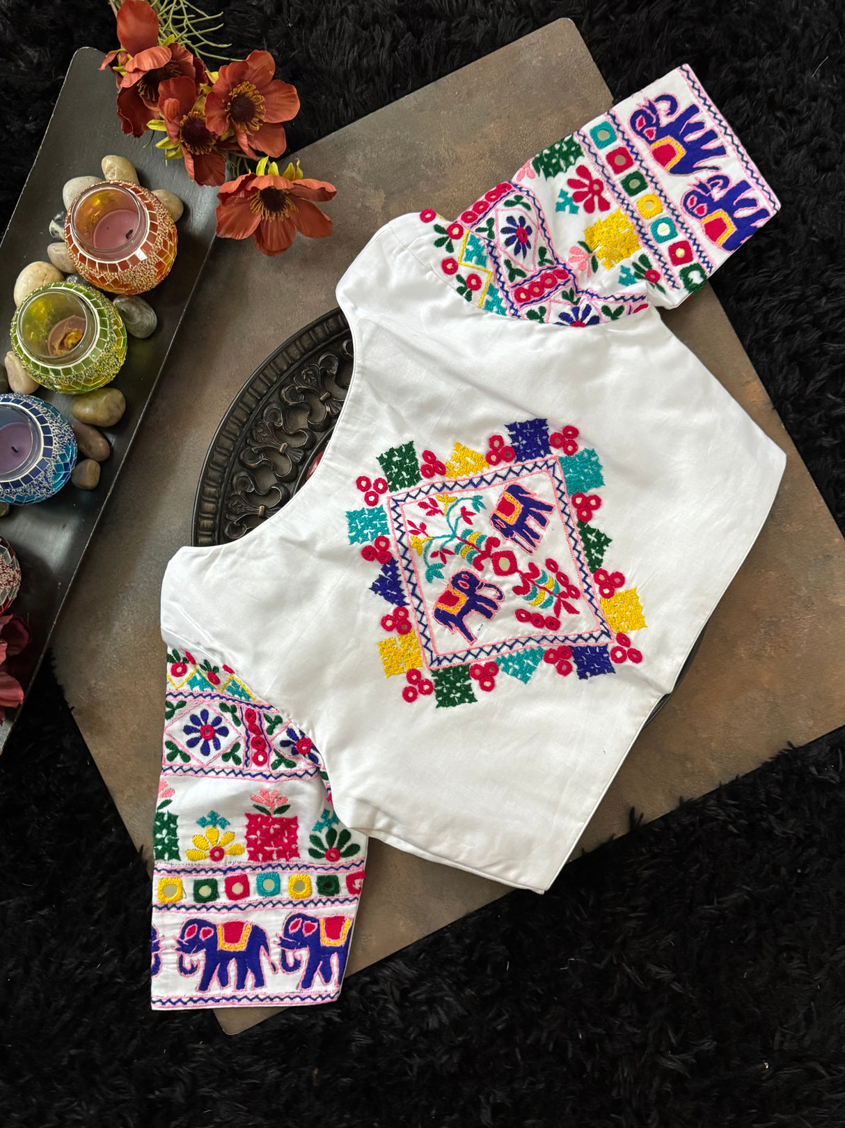 White Hand Embroidered Blouse 38 Elephant design