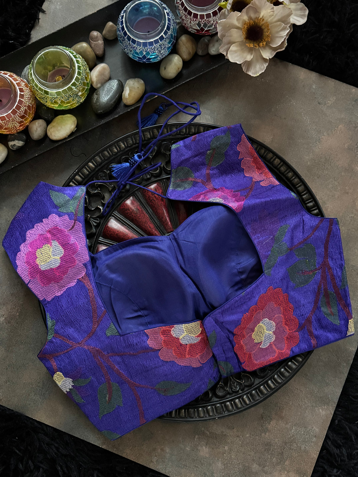 Royal Blue Closed Shoulder Floral Embroidered
