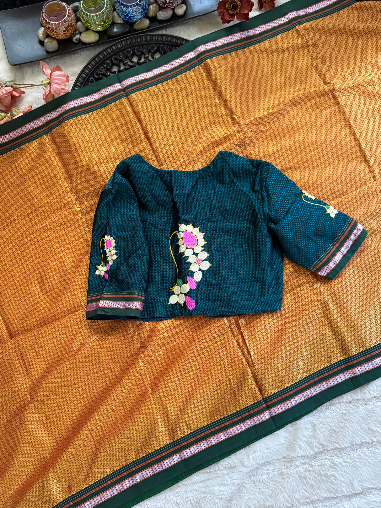 Mustard Yellow Peacock Green Nath Embroidered Khun Saree Set