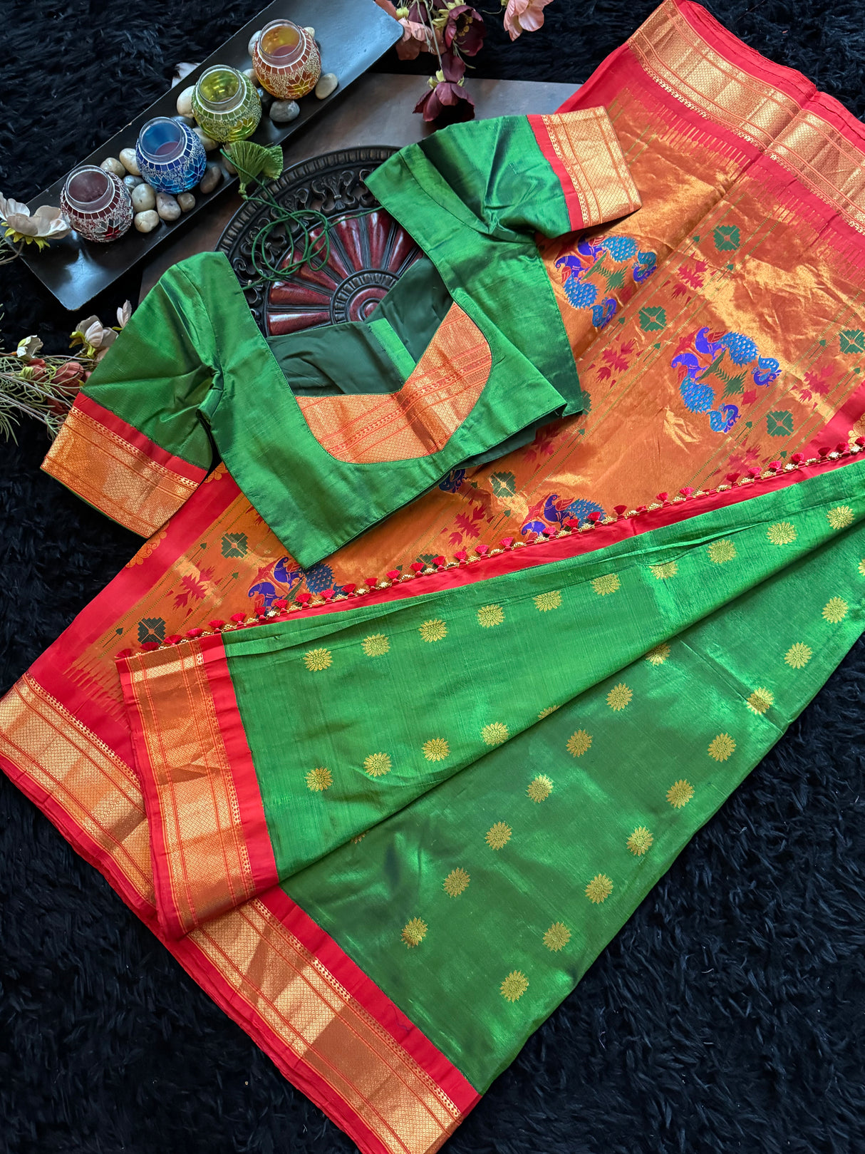 Green Red Maharani Paithani Handloom Pure Silk
