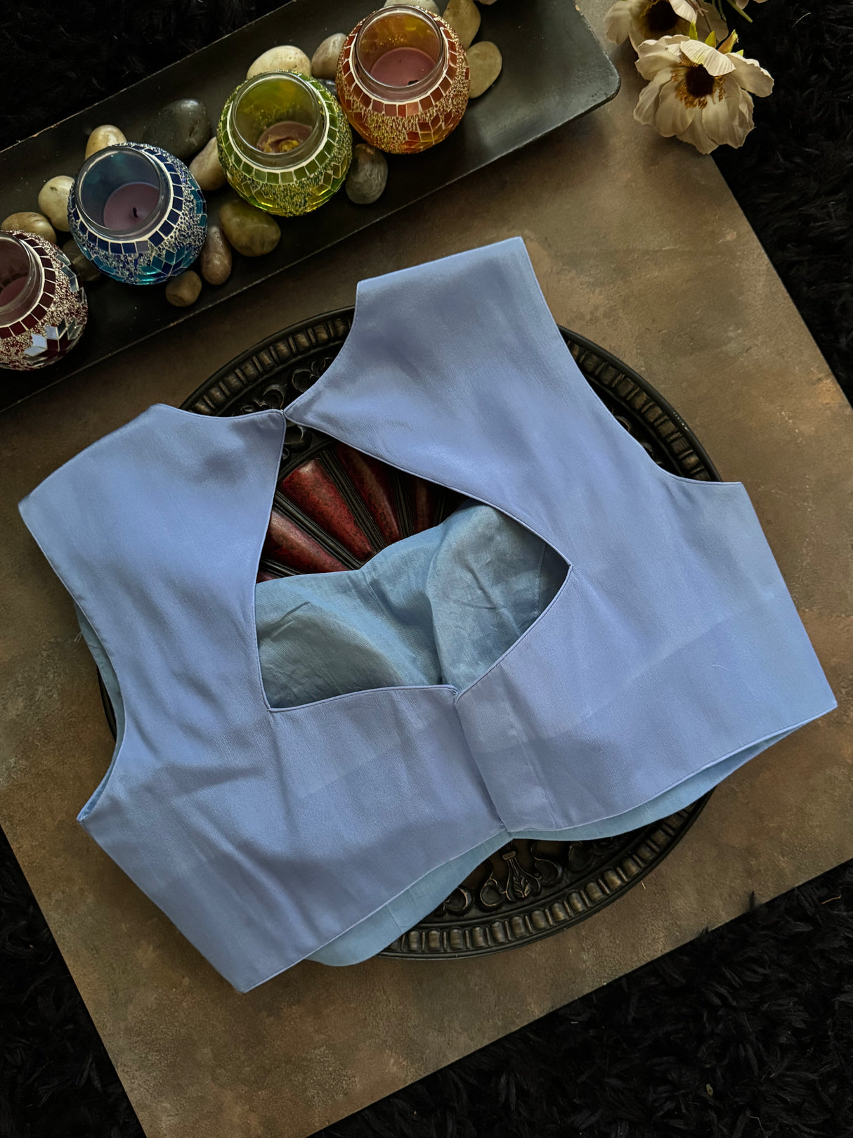 Blue crepe Closed Shoulder blouse 38