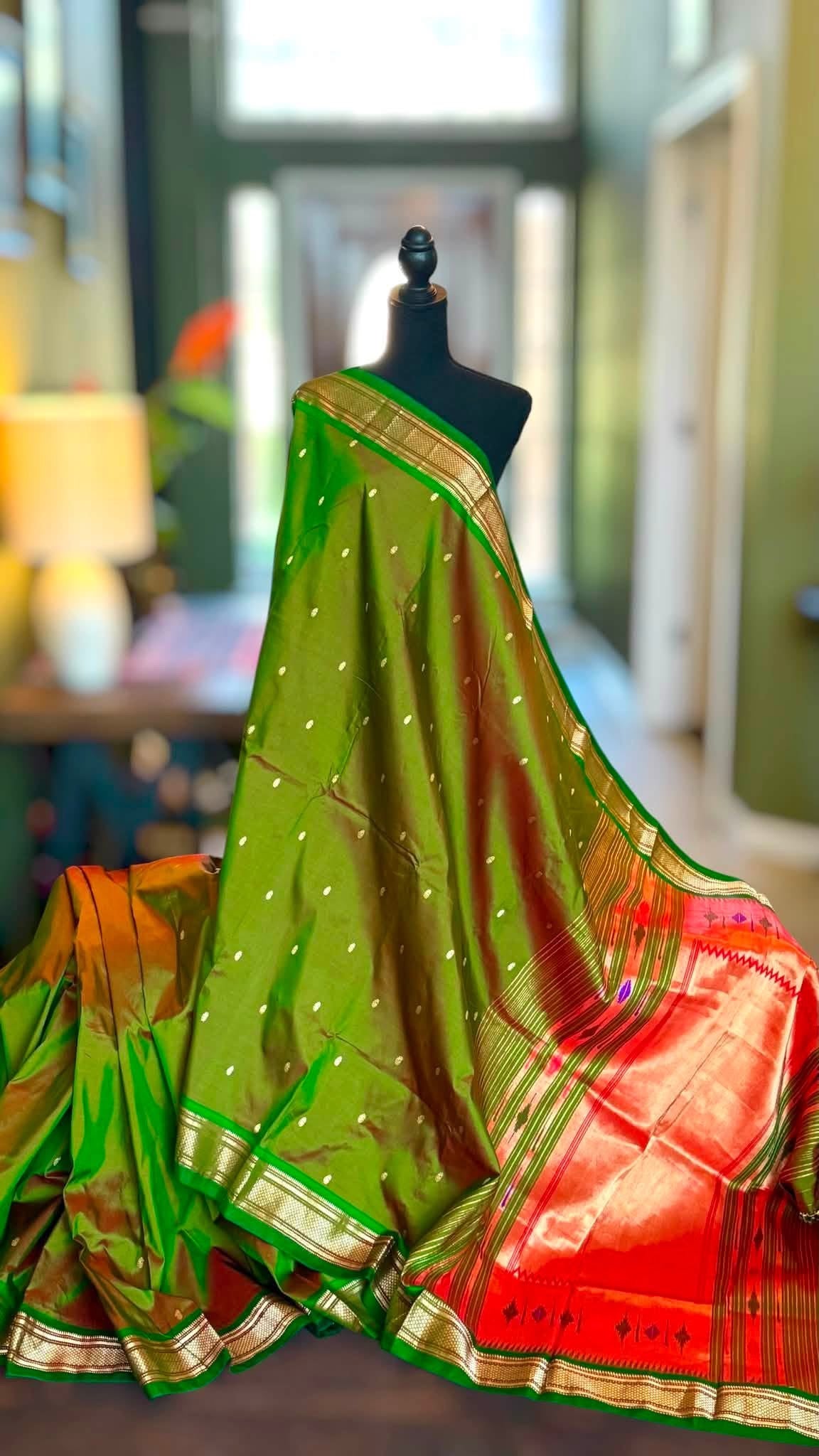 Olive Green Yeola Paithani Narali Border Handloom Pure Silk