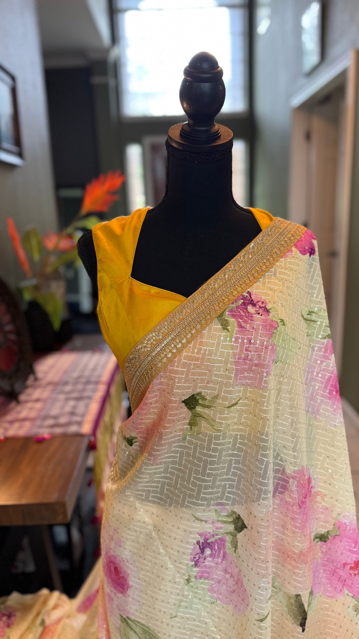 Floral Georgette with Sequins - Mustard Yellow