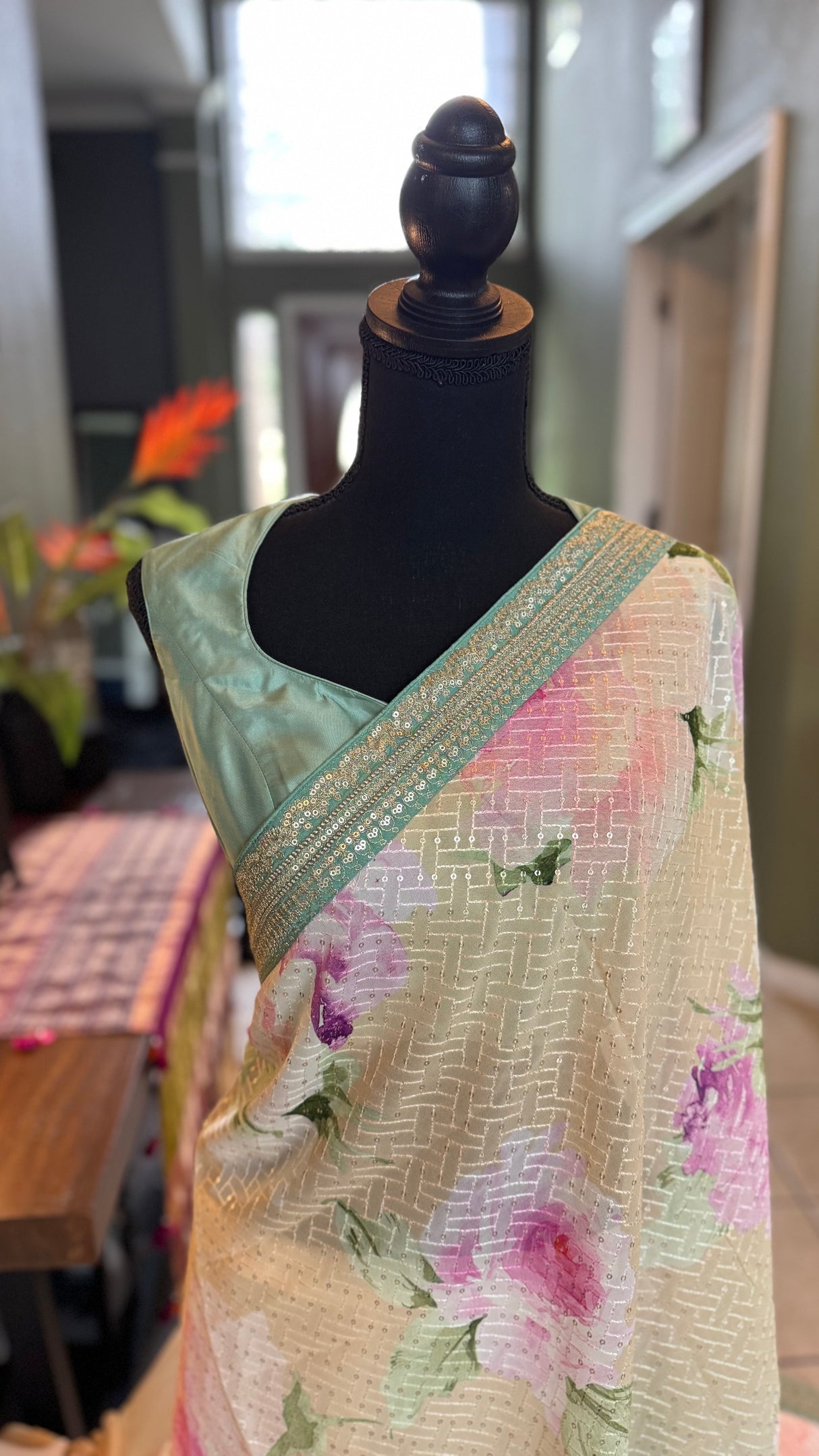 Floral Georgette with Sequins - Pista Green