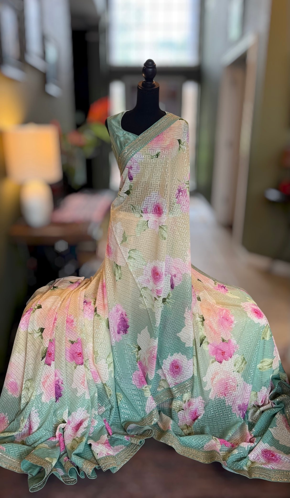 Floral Georgette with Sequins - Pista Green