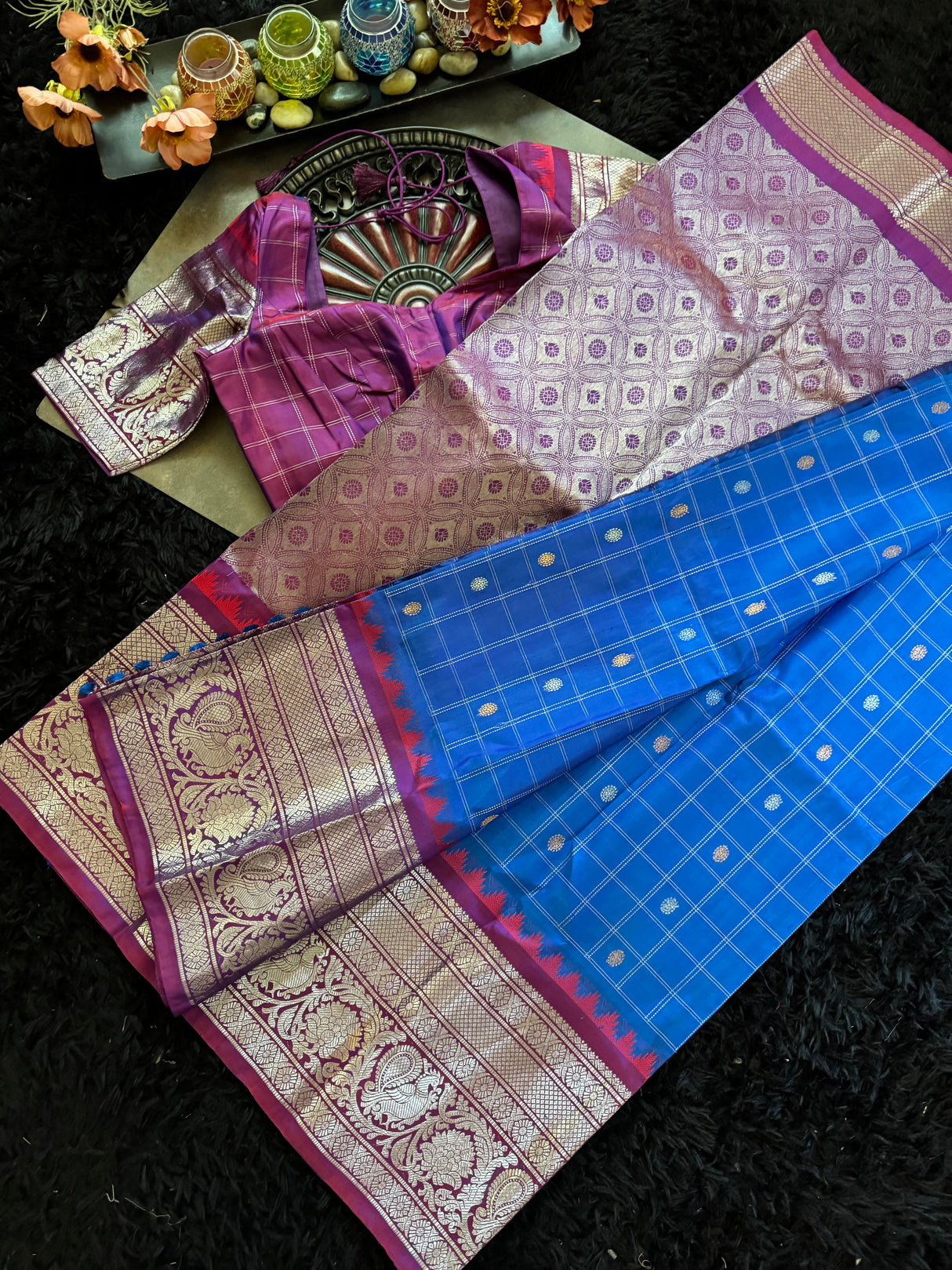 Azure Blue Magenta Gadwal Handloom Pure Silk