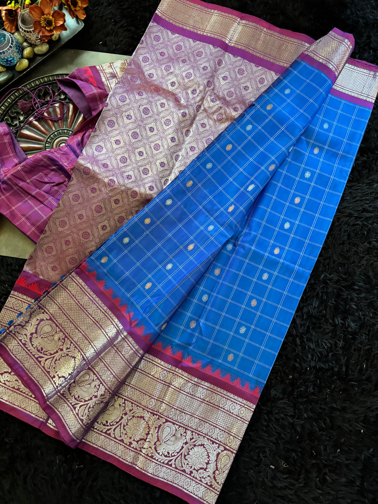 Azure Blue Magenta Gadwal Handloom Pure Silk