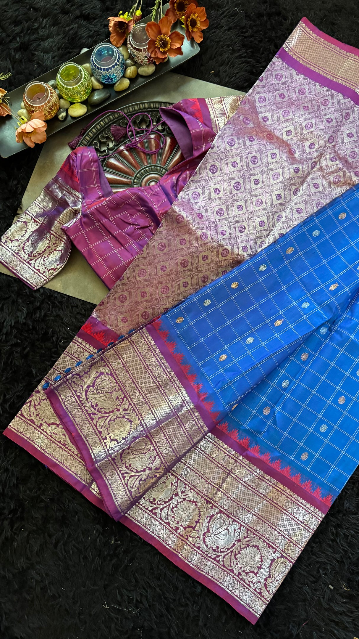 Azure Blue Magenta Gadwal Handloom Pure Silk